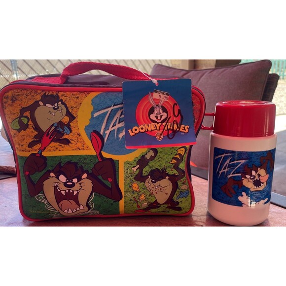 Vintage 1999 Looney Tunes Taz Insulated Lunch Bag Soft Lunchbox with Thermos - Picture 1 of 11